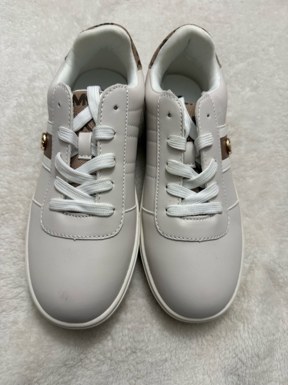 Michael Kors White Sneakers with Brown Logo Accents - Kids